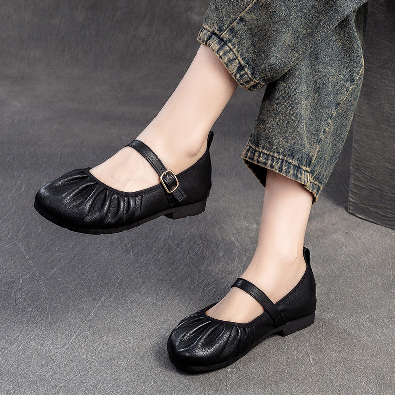 Women Retro Pleated Leather Soft Casual Flats Newgew Shoes