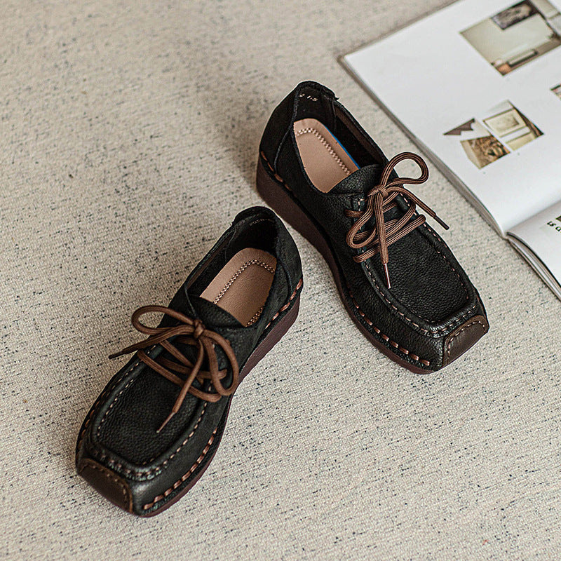 Women Retro Leather Square Head Low Wedge Shoes Newgew Shoes