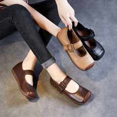 Women Retro Soft Leather Buckle Casual Flats Newgew Shoes