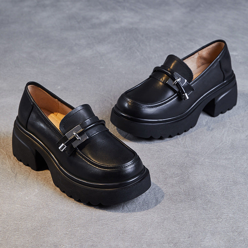 Women Retro Leather Casual Chunky Platform Loafers Newgew Shoes