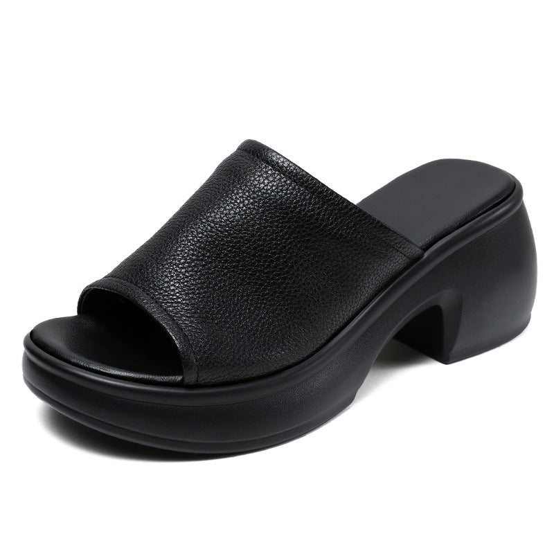 Women Minimalist Leather Chunky Heel Slides Sandals Newgew Shoes