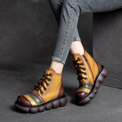 Women Color Matching Leather Casual Platform Boots Newgew Shoes