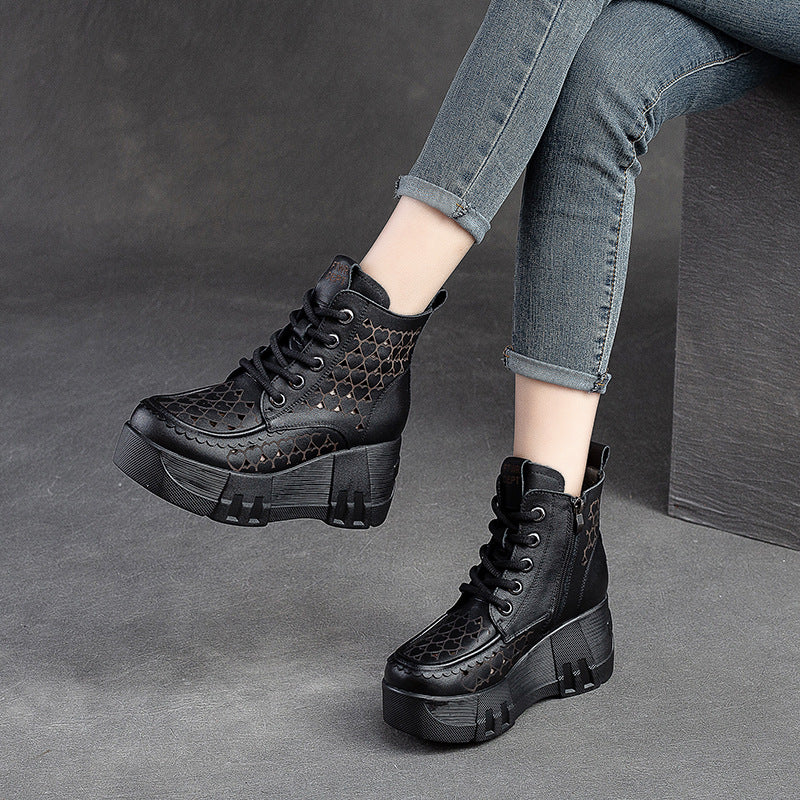 Women Retro Hollow Leather Chunky Platform Boots Newgew Shoes