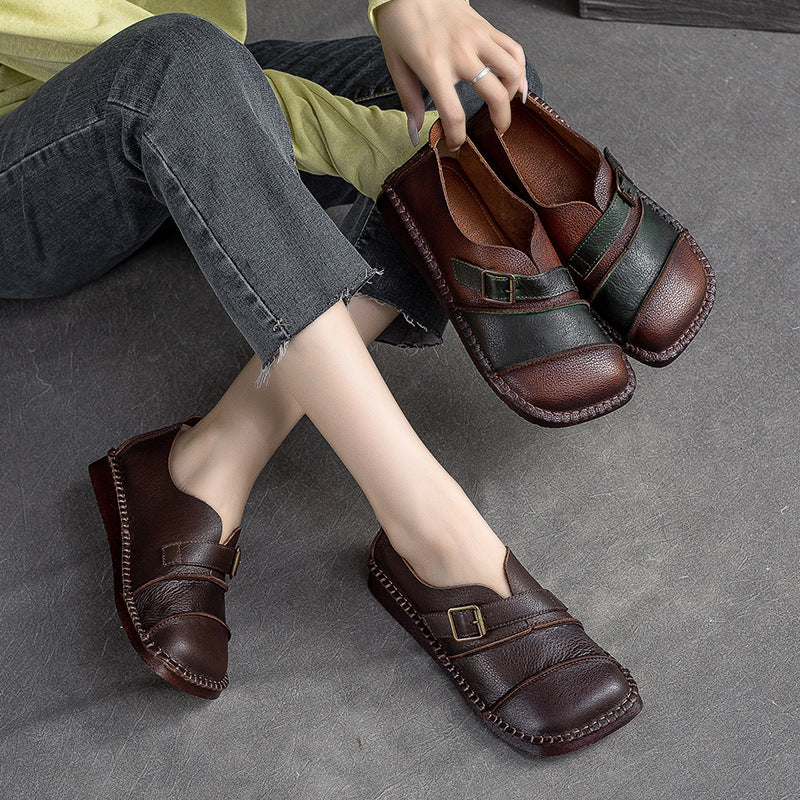 Women Retro Patchwork Leather Soft Sole Flats Newgew Shoes