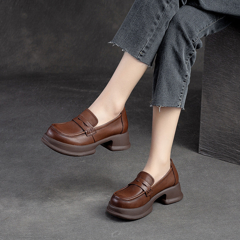 Women Retro Leather Casual Chunky Platform Loafers Newgew Shoes