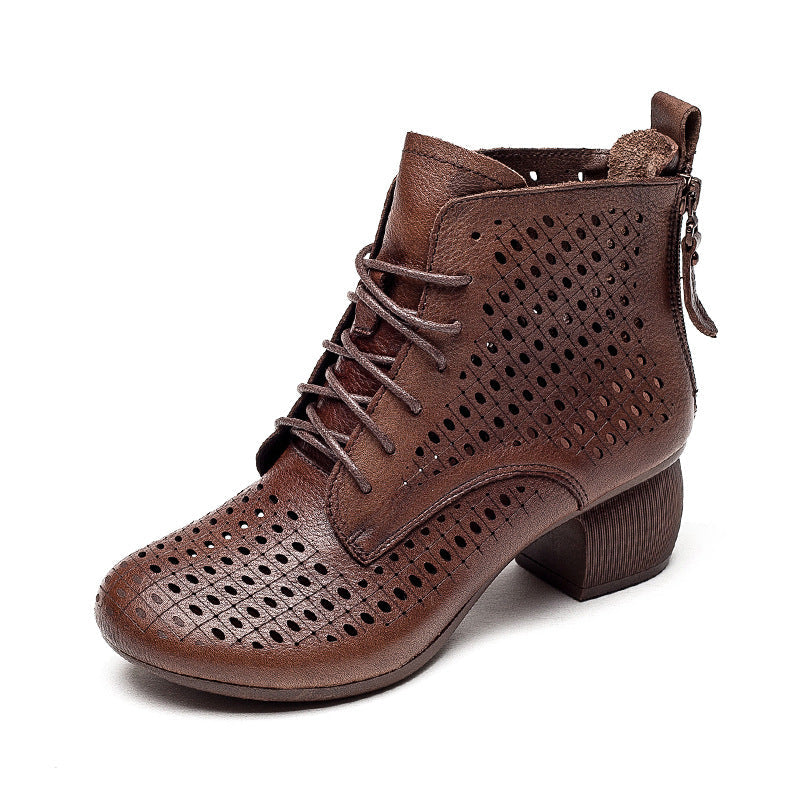 Women Casual Hollow Leather Chunky Heel Boots Newgew Shoes