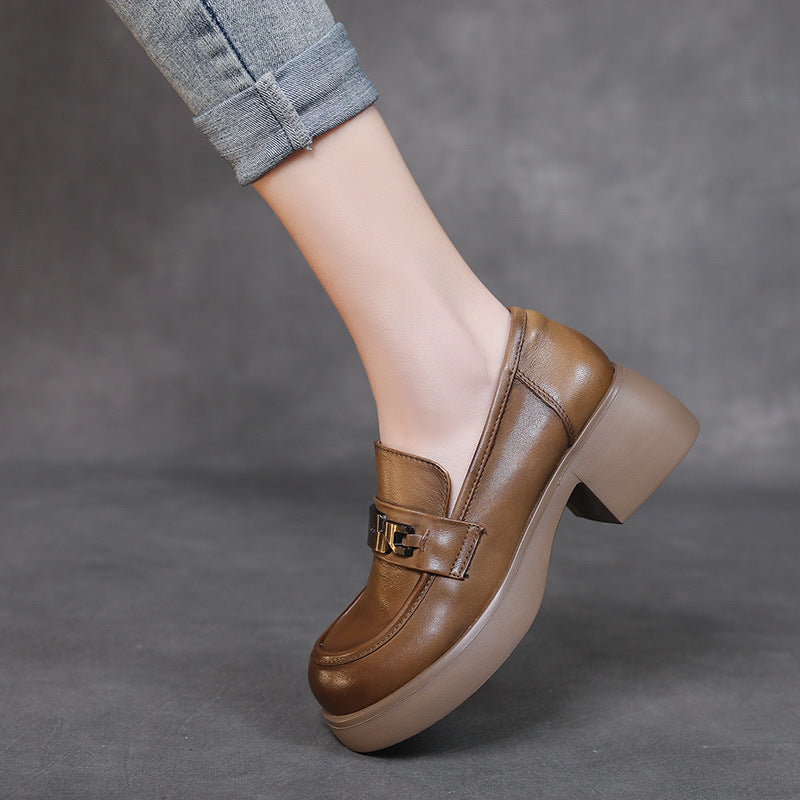 Women Retro Classic Leather Chunky Heel Loafers Newgew Shoes