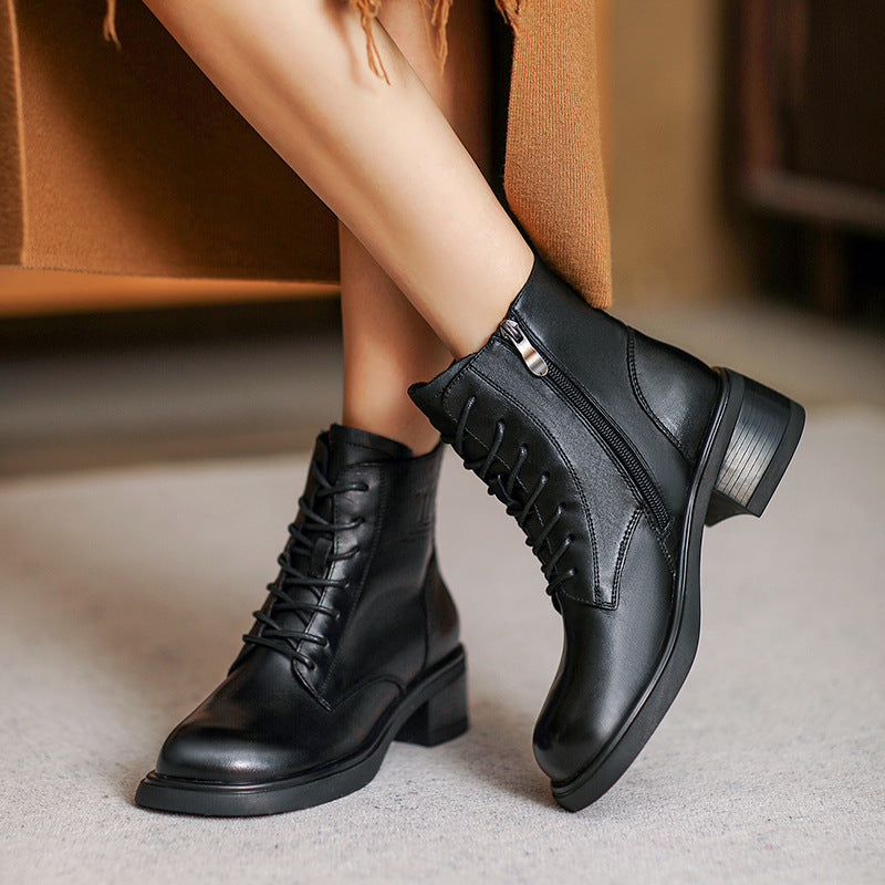 Women Retro Leather Chunky Soled Casual Boots Newgew Shoes