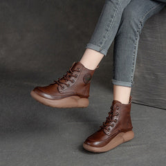 Women Retro Patchwork Leather Lace-Up Flat Boots Newgew Shoes