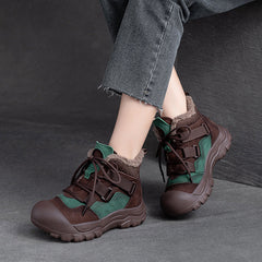 Women Retro Patchwork Leather Winter Furred Ankle Boots Newgew Shoes