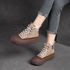 Women Retro Patchwork Leather Flat Casual Ankle Boots Newgew Shoes