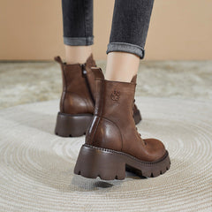 Women Retro Leather Chunky Heel Casual Boots Newgew Shoes