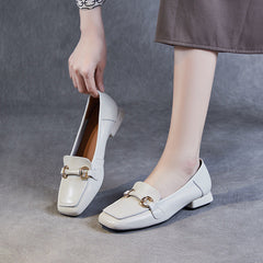 Women Minimalist Buckle Leather Low Block Loafers Newgew Shoes