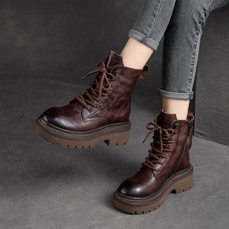 Women Classic Leather Thick Soled Combat Boots Newgew Shoes