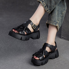 Women Retro Plaited Leather Platform Casual Sandals Newgew Shoes