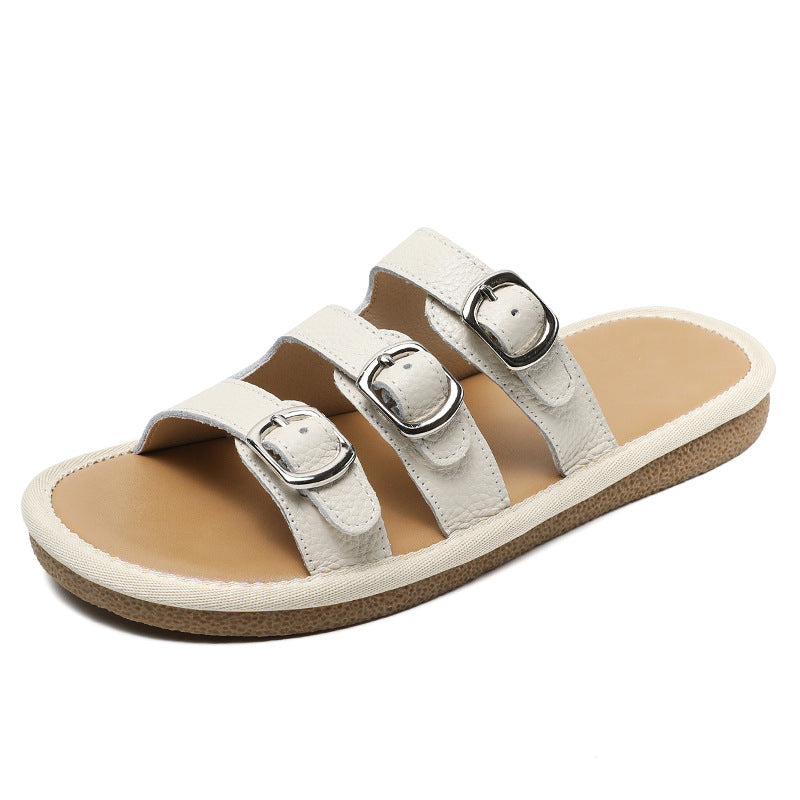 Women Leather Casual Beach Slides Sandals Newgew Shoes