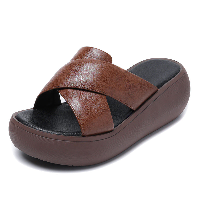 Women Leather Summer Casual Platform Slide Sandals Newgew Shoes