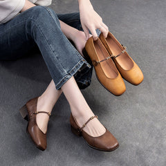 Women Retro Leather Casual Low Block Pumps Newgew Shoes