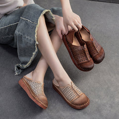 Women Retro Hollow Breathable Leather Casual Flats Newgew Shoes