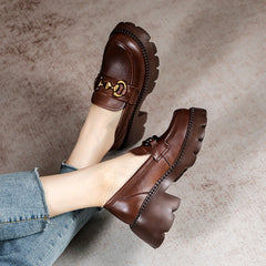 Women Retro Leather Thick Wedge Loafers Newgew Shoes