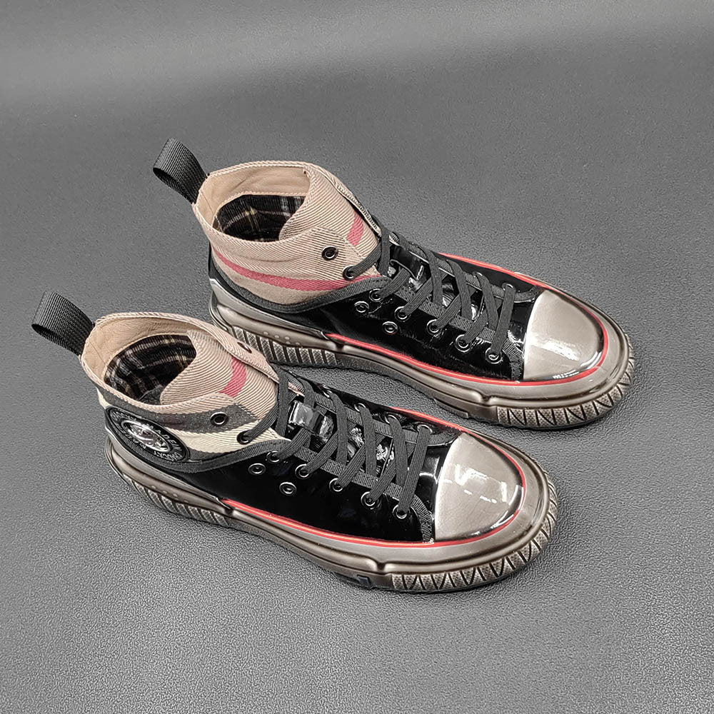 Men Stylish Glossy Leather Patchwork High Top Casual Shoes Newgew Shoes