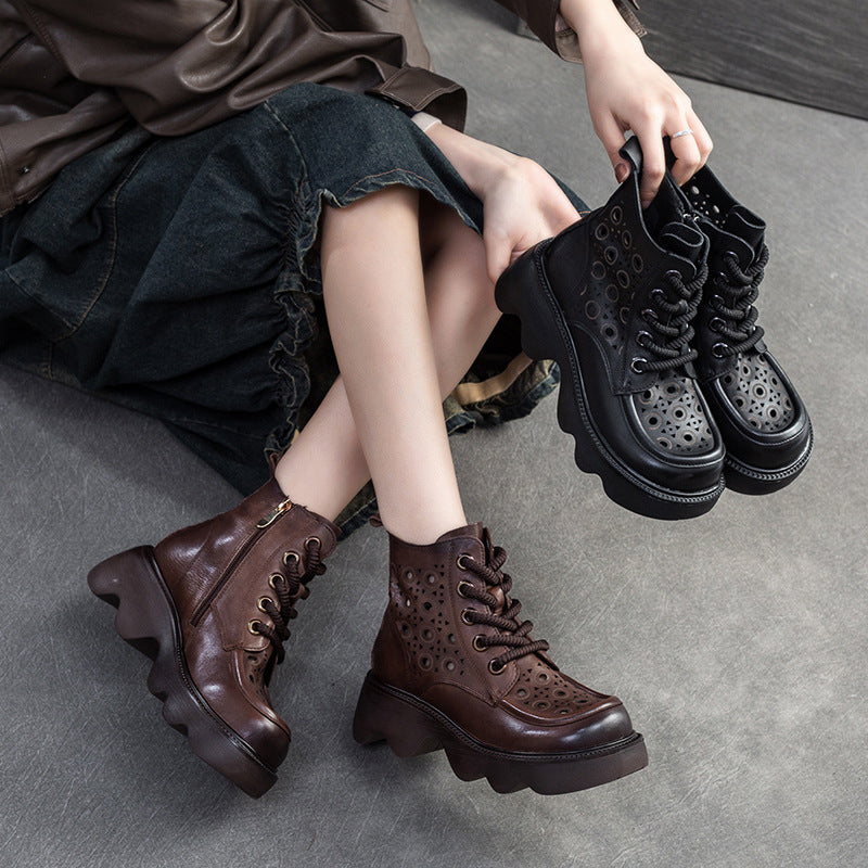 Women Minimalist Hollow Leather Lug Sole Casual Boots Newgew Shoes