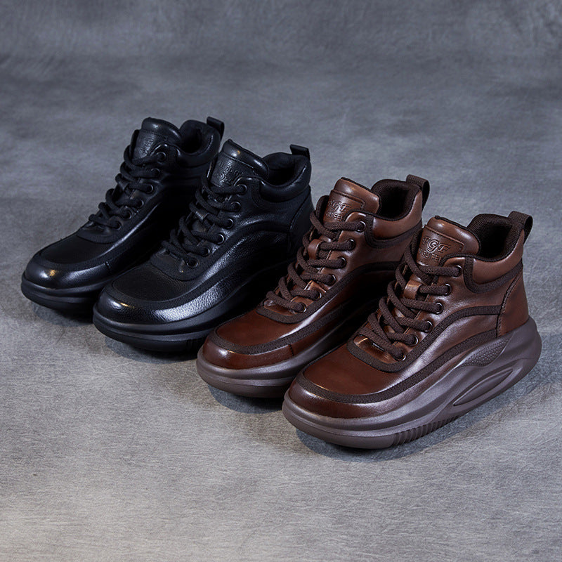 Women Retro Leather High-Top Thick Soled Casual Shoes Newgew Shoes