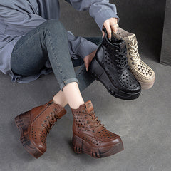 Women Retro Hollow Leather Chunky Platform Boots Newgew Shoes