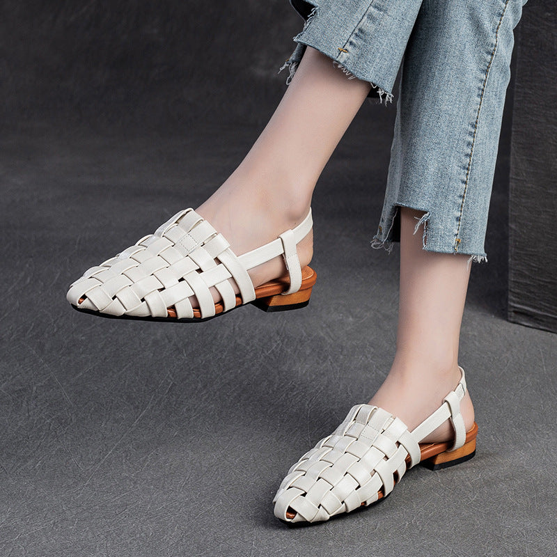 Women Retro Plaited Leather Pointed Toe Casual Sandals Newgew Shoes