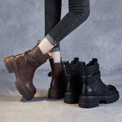 Women Retro Leather Thick Soled Combat Boots Newgew Shoes