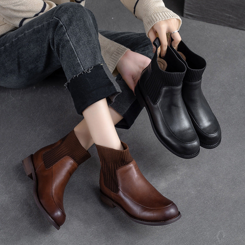 Women Retro Leather Patchwork Ankle Sock Boots Newgew Shoes