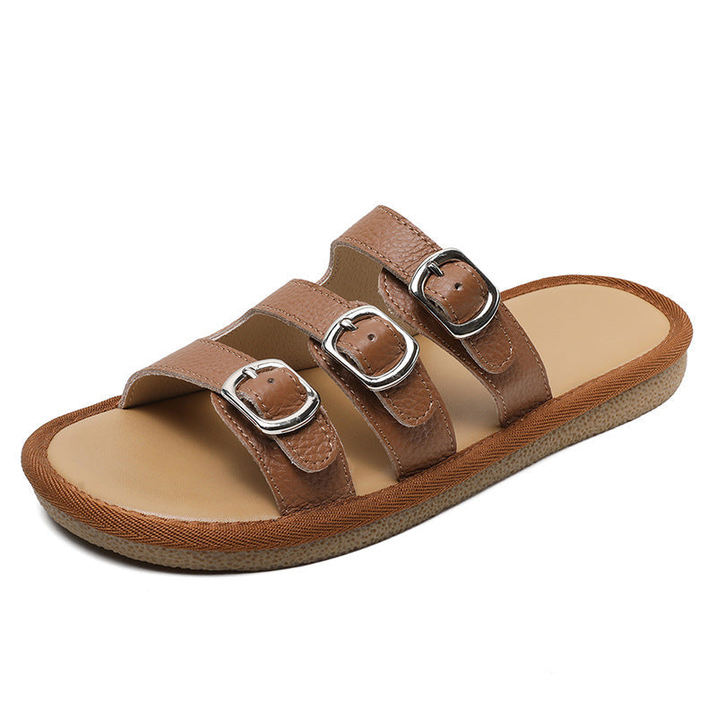 Women Leather Casual Beach Slides Sandals Newgew Shoes