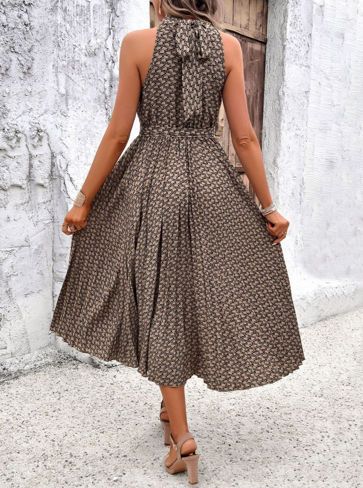 Women's Patterned Sleeveless Halterneck Midi Dress with Waist Tie Newgew Dresses