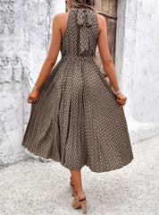 Women's Patterned Sleeveless Halterneck Midi Dress with Waist Tie Newgew Dresses