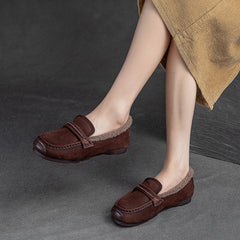 Women Retro Leather Flat Furred Winter Loafers Newgew Shoes