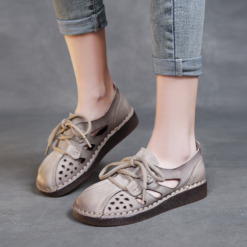 Women Retro Hollow Leather Soft Flat Casual Shoes Newgew Shoes