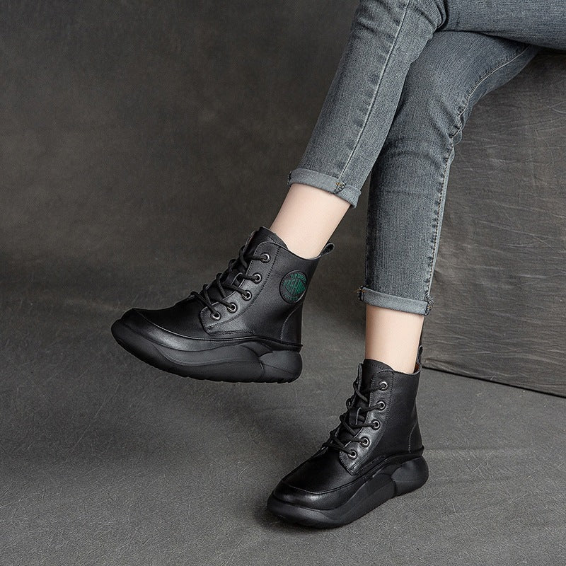 Women Retro Patchwork Leather Lace-Up Flat Boots Newgew Shoes