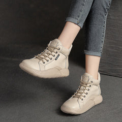 Women Lace-Up Casual Fashion Leather Flat Ankle Boots Newgew Shoes