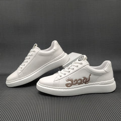 Men 2024 Fashion Leather Print Flat Casual Sneakers Newgew Shoes