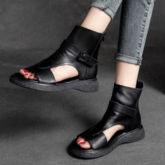 Peep Toe Flat Leather Shoes With Zippers Newgew Shoes