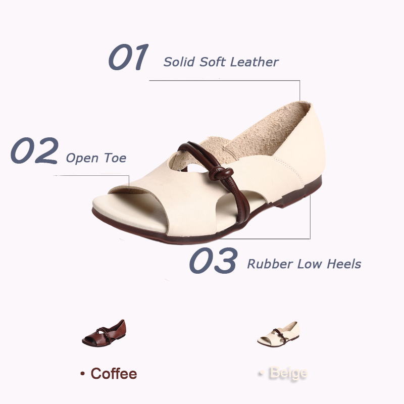 Peep Toe Solid Flat Leather Sandals Newgew Shoes