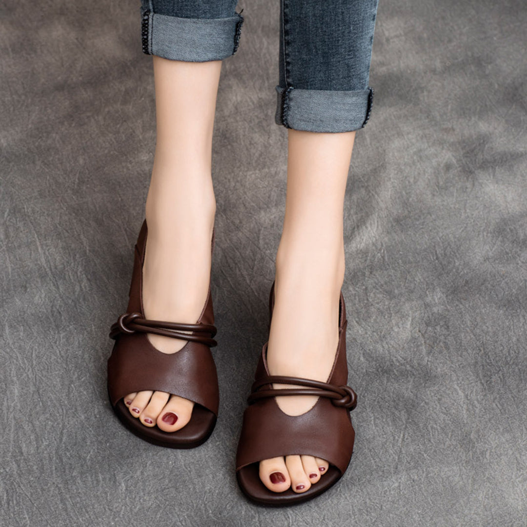 Peep Toe Solid Flat Leather Sandals Newgew Shoes