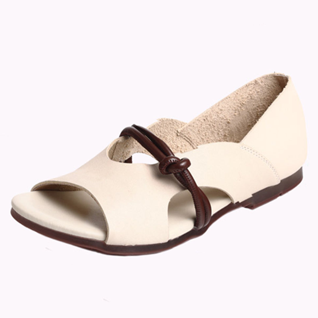 Peep Toe Solid Flat Leather Sandals Newgew Shoes