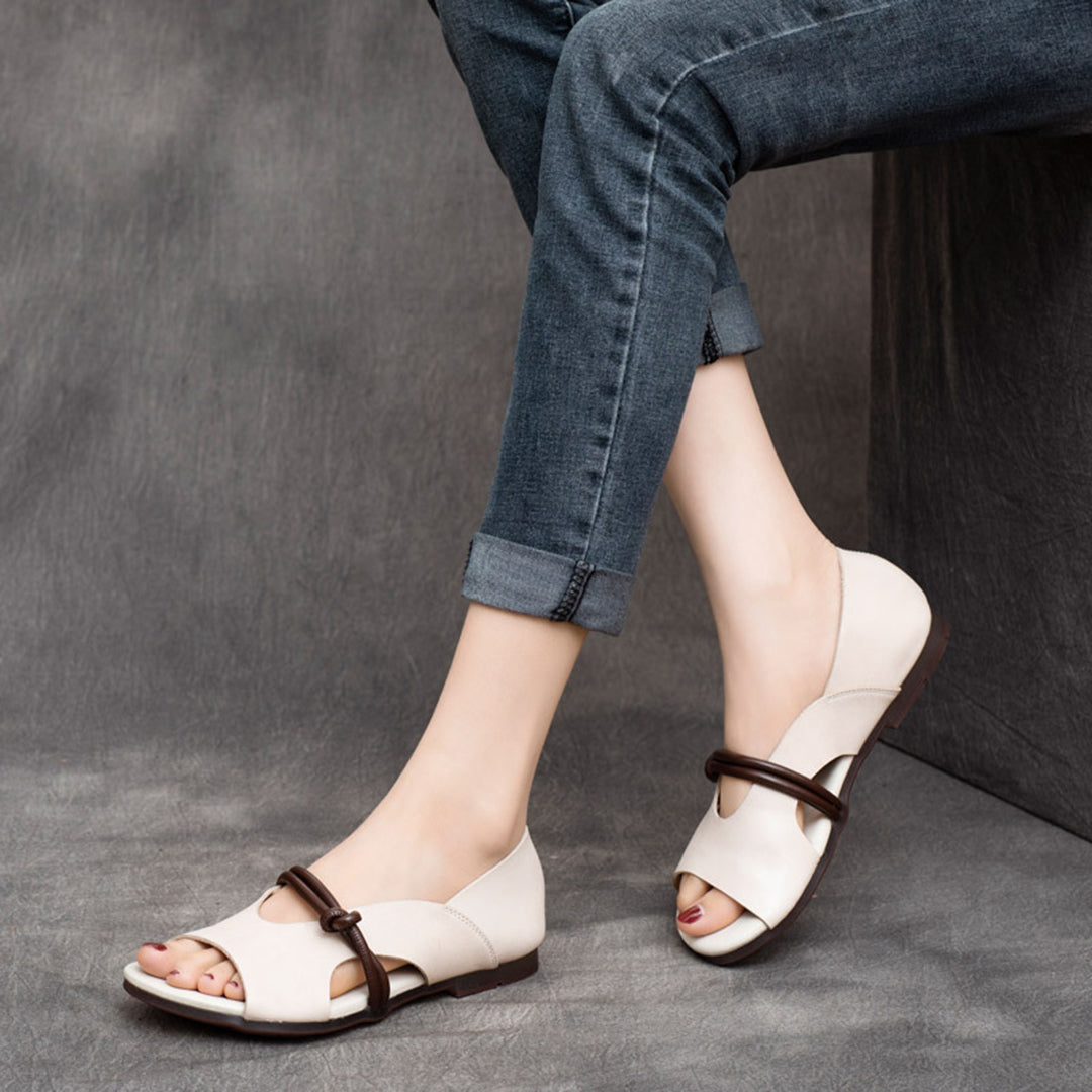 Peep Toe Solid Flat Leather Sandals Newgew Shoes