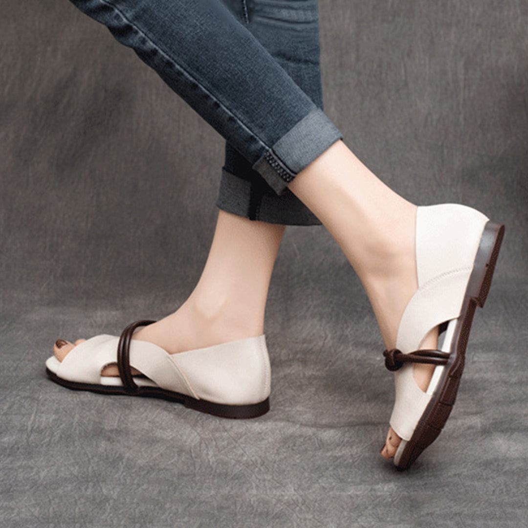 Peep Toe Solid Flat Leather Sandals Newgew Shoes