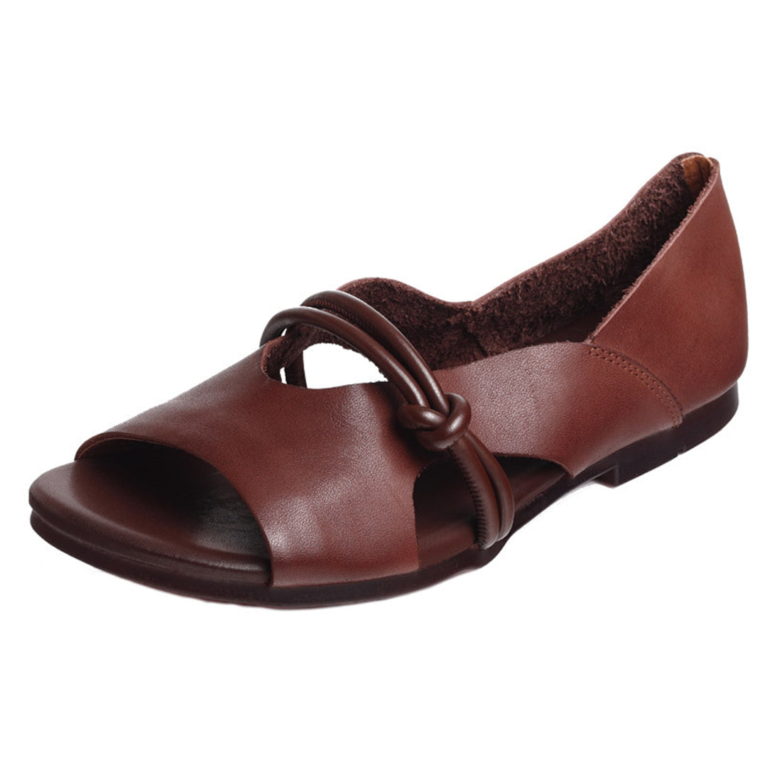 Peep Toe Solid Flat Leather Sandals Newgew Shoes