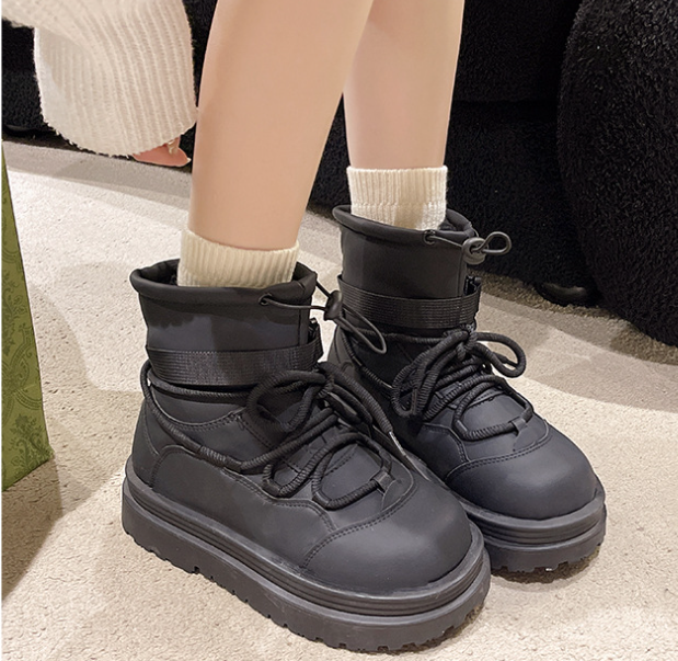 Women Leather Round Head Platform Casual Boots Newgew Shoes