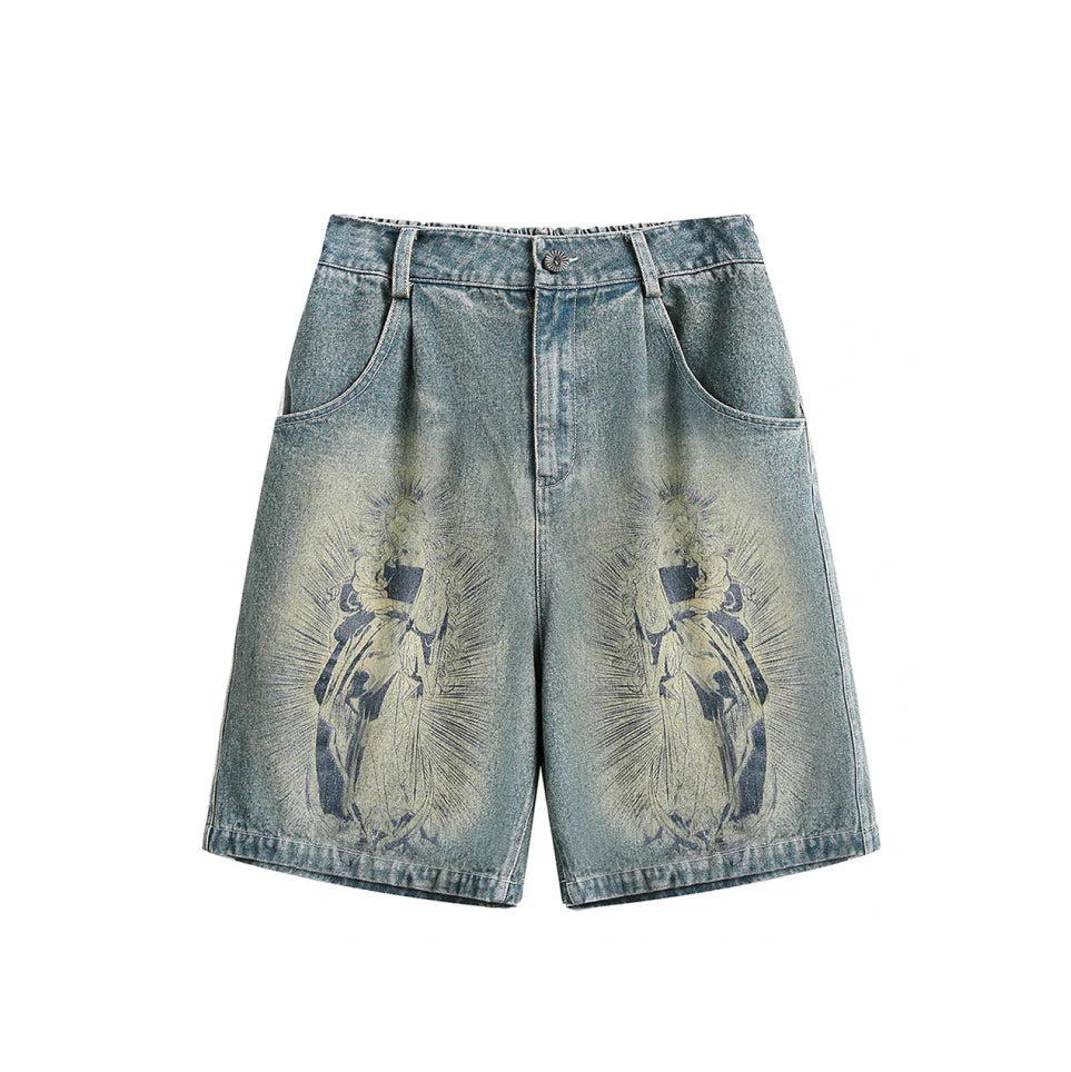 Religious Print Denim Shorts Newgew
