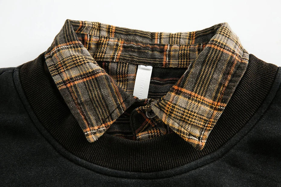 Retro Plaid-Layered Distressed Sweatshirt Newgew