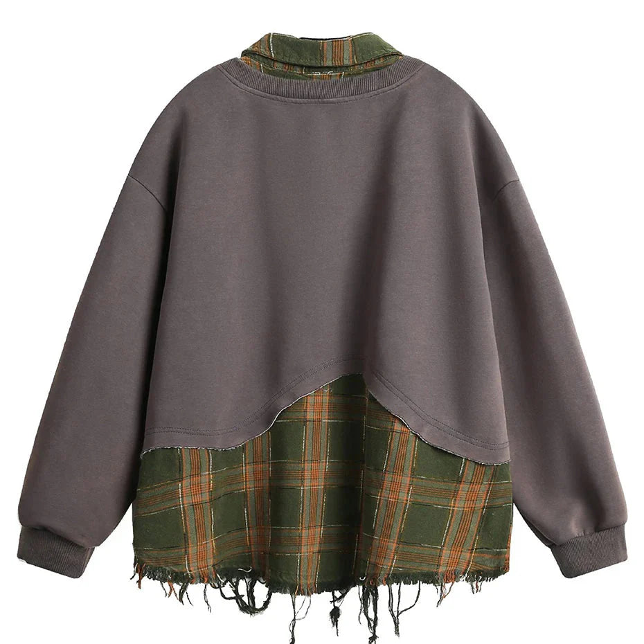 Retro Plaid-Layered Distressed Sweatshirt Newgew